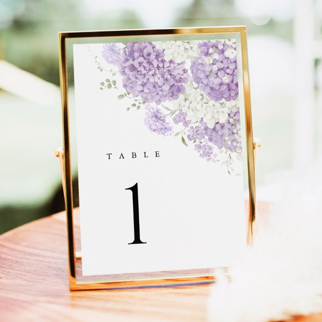 Números de Mesa de Casamento Floral Lavanda Lilás  (Lavender lilac white floral hydrangea wedding table number sign, elegant watercolor table decor)