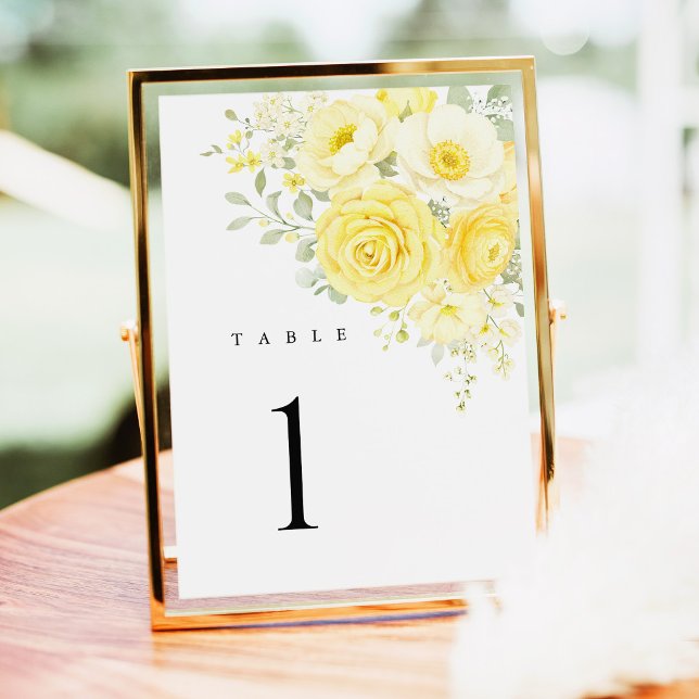 Números de Mesa de Casamento Floral Marfim Amarelo (butter yellow ivory floral wedding table number, yellow rose table number sign reception table decor)