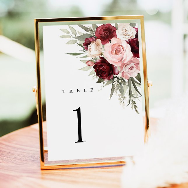 Números de Mesa de Casamento Floral Rosa Bege Borg (burgundy blush pink floral wedding table numbers, elegant rose reception table decor signage)