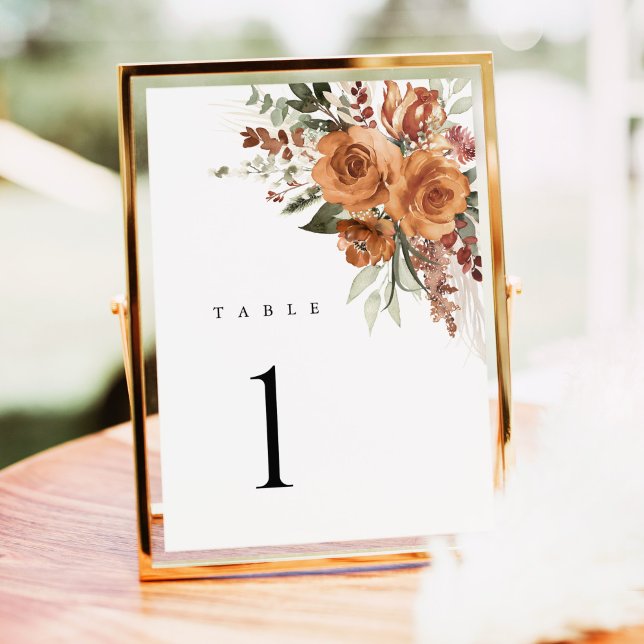 Números de Mesa de Casamento Floral Rosa Boho Terr (Terracotta rose floral wedding table number card with watercolor, elegant boho table, gold frame)