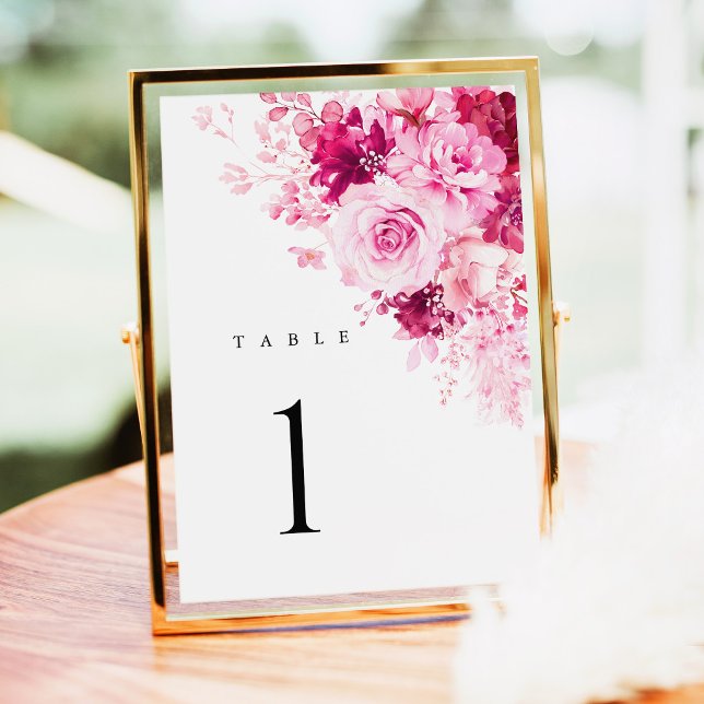 Números de Mesa de Casamento Floral Rosa Quente (Hot Pink Floral Wedding Table Numbers, Elegant Fuchsia Rose Reception Table Number Card, Gold Decor)