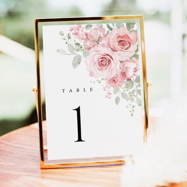 Números de Mesa de Casamento Floral Rosa Rubor (Blush Rose Floral Wedding Table Numbers, Watercolor Blush Pink Reception Table Sign in Gold Decor)