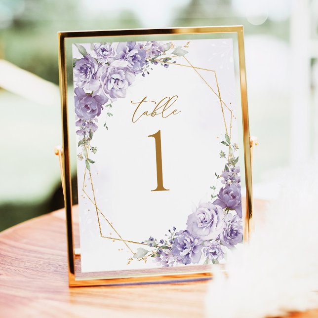 Números de Mesa Geométricos Florais de Lavanda Dou (Lavender Floral Gold Geometric Wedding Table Number, elegant purple rose wedding table numbers)