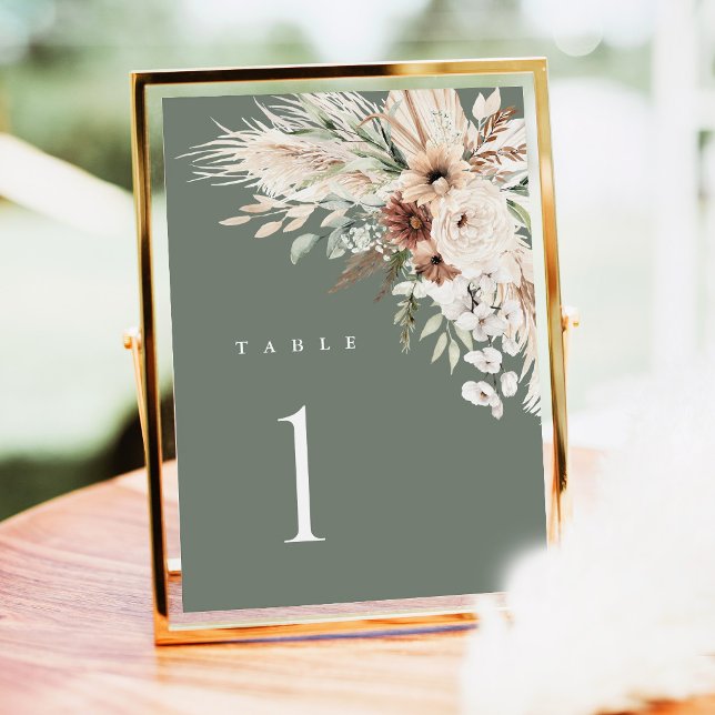 Números de Mesa para Casamento Boho, Floral de Gra (Sage Green Boho Wedding Table Number Card, Pampas Grass Floral Reception Gold Decor Table Numbers)