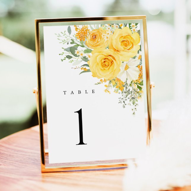 Números de Mesa para Casamento com Rosa Floral Ama (Yellow rose wedding table number sign, watercolor floral table number card, elegant reception decor)
