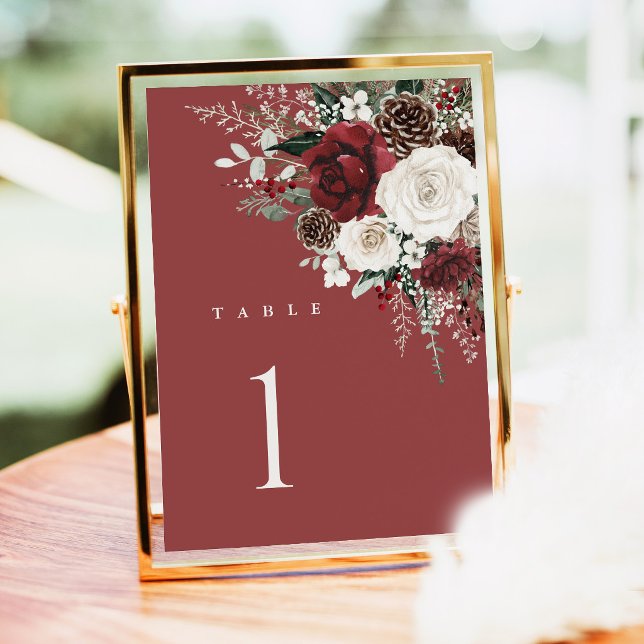 Números de Mesa para Casamento em Borgonha, Floral (Burgundy winter floral wedding table numbers card, elegant holiday table number reception decor)