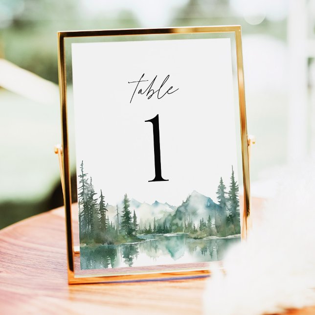 Números de Mesa para Casamento Florestal no Lago d (Mountain Lake Wedding Table Numbers, Watercolor Forest Reception Gold Decor, Woodland Table Number)