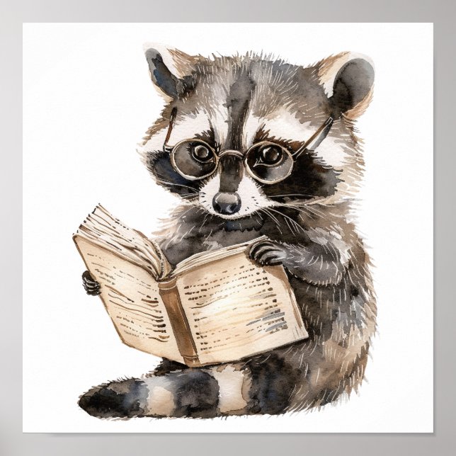 Nursery Art Poster Raccoon Lendo com óculos (Frente)
