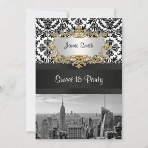 NYC Skyline BW 431 Damask Sweet 16 Party Convite V