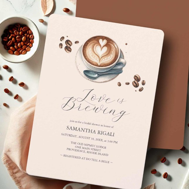 O amor é criar Chá de panela de convites para café (Coffee bridal shower invitations love is brewing theme by Victoria Grigaliunas of Do Tell A Belle)