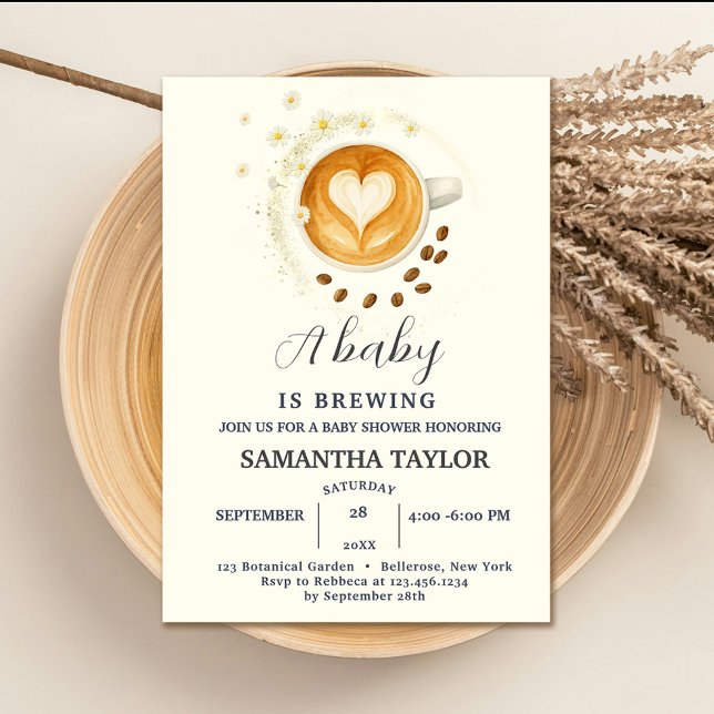 O amor é criar o convite ao Chá de fraldas - café (Love is Brewing Baby Shower Invitation – Coffee  #zazzle #dasies #coffeeandwatercolorflowers #baby)