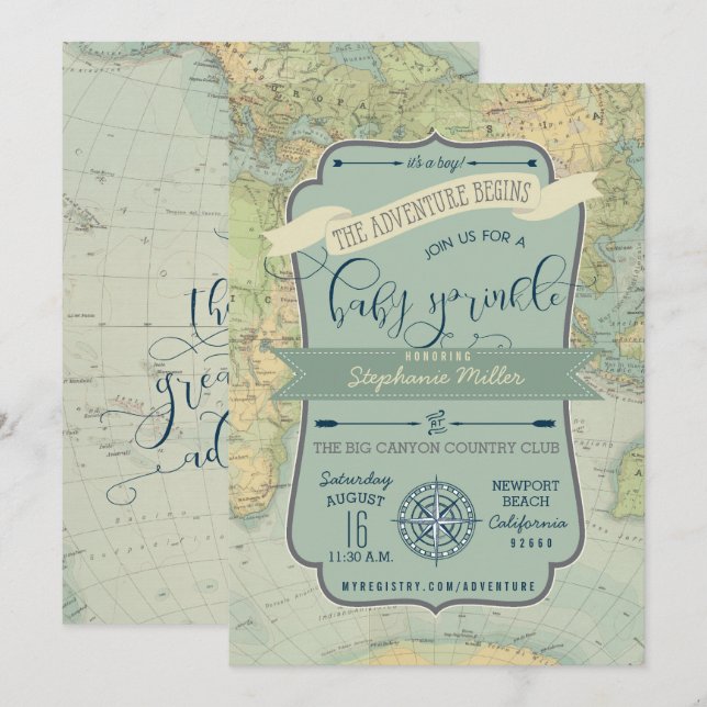 O bebé da aventura polvilha convites (Frente/Verso)