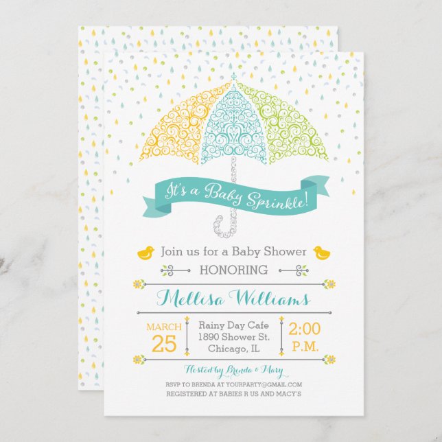 O bebê polvilha o convite laçado do guarda-chuva (Frente/Verso)