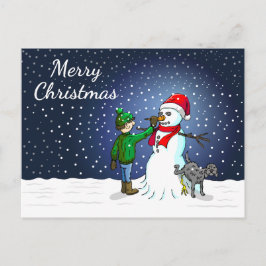 O boneco de neve, cachorro e menino cartão postal