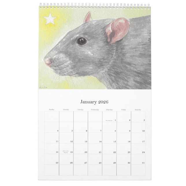 O calendário ilustrado do retrato do rato (Jan 2026)