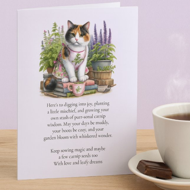 O Calico e o Catnip Cat Amam Cartão de Nota Plana (Whiskered wisdom and warm tea let your garden bloom with calm, comfort, and a hint of mischief.)