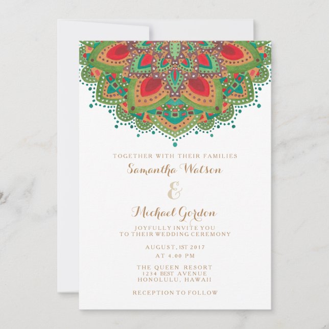 O Cartão de Convite de Casamento Mandala Verde (Frente)