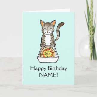 O cartão do gato da pizza do feliz aniversario