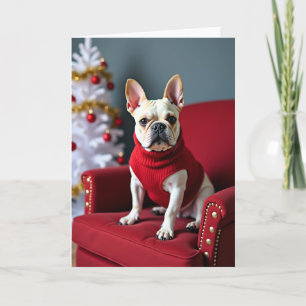 O cartão mostra um Bulldog Francês de cor creme