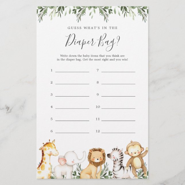 O Chá de fraldas Safari adivinha o que há na Frald (Frente)