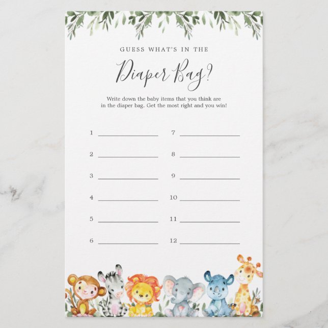 O Chá de fraldas Safari adivinha o que há na Frald (Frente)