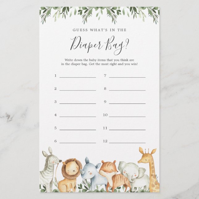 O Chá de fraldas Safari adivinha o que há na Frald (Frente)