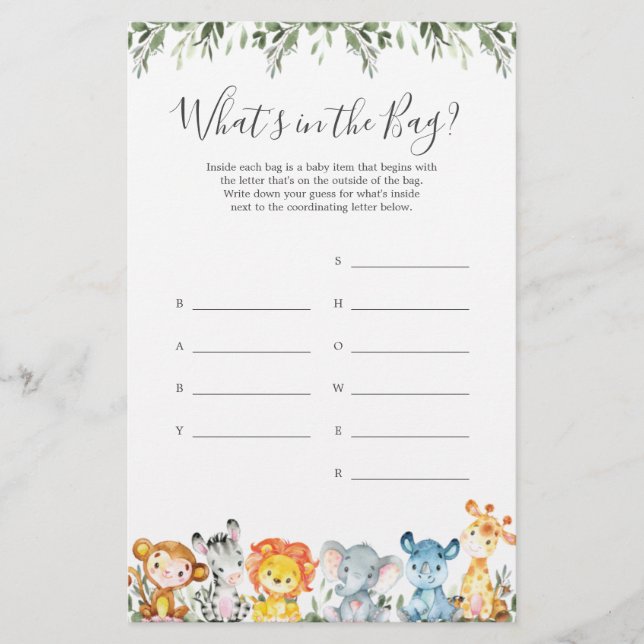 O Chá de fraldas Safari adivinha o que há no jogo  (Frente)