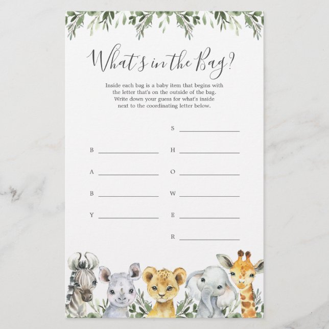 O Chá de fraldas Safari adivinha o que há no jogo  (Frente)