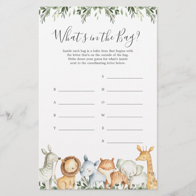 O Chá de fraldas Safari adivinha o que há no jogo  (Frente)