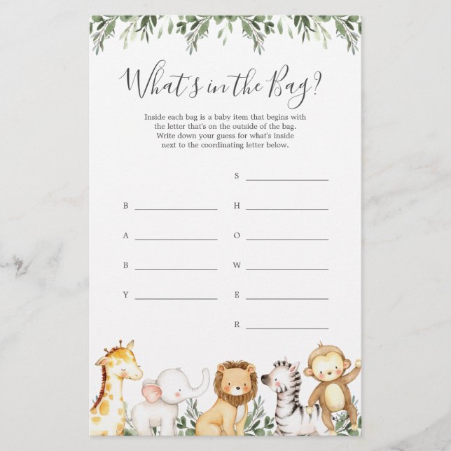 O Chá de fraldas Safari adivinha o que há no jogo  (Frente)