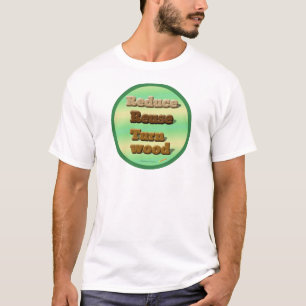 O círculo "reduz, reúso, gira" a camisa de madei