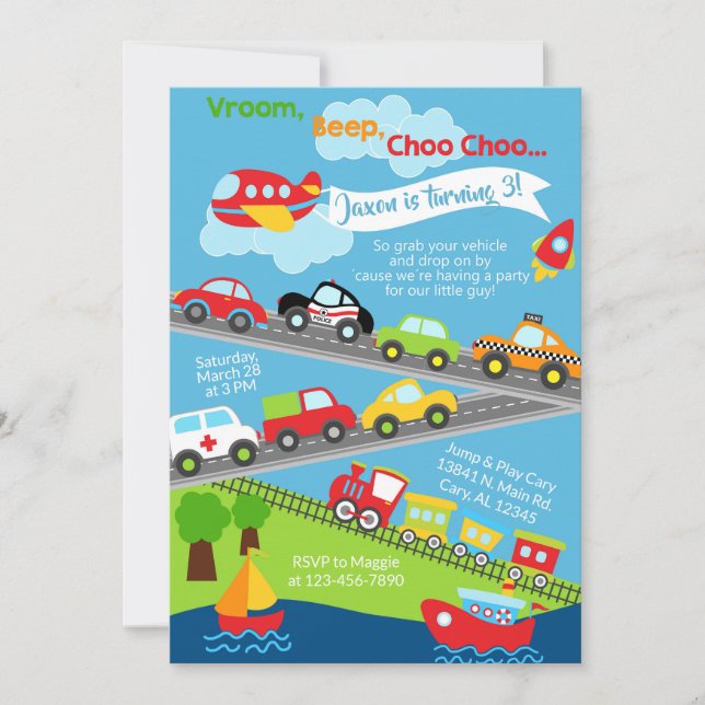 O convite de aniversário de veículos de transporte (Frente)