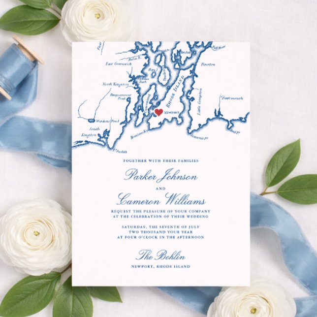 O Convite de Casamento Bohlin – Mapa de Newport RI (The Bohlin Wedding Invitation Newport RI Wedding at  Newport Yachting Club by Coastal Map Designs)