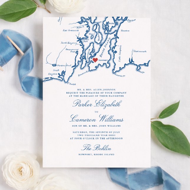 O Convite de Casamento Bohlin – Mapa de Newport RI (The Bohlin Wedding Invitation Newport Harbor Rhode Island Elegant Wedding Newport Yachting Club)