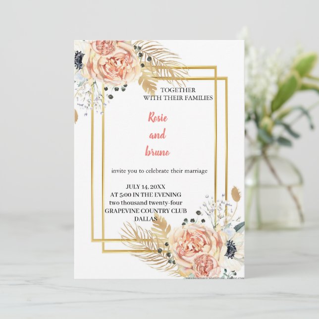 o convite de casamento rosa mais elegante (Em pé/Frente)