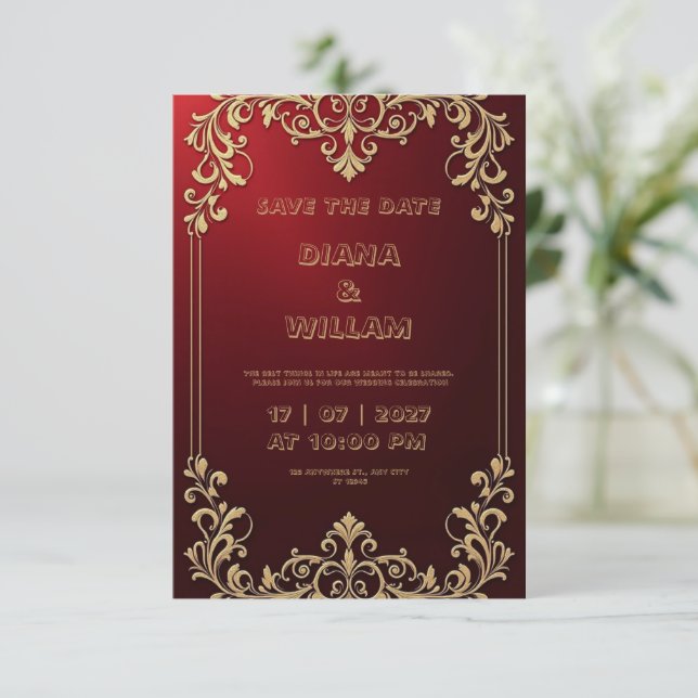 O convite de casamento vermelho evita luxo (Em pé/Frente)