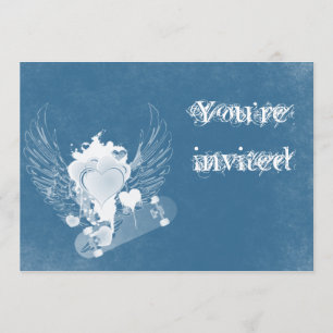 O coração azul com anjo voa o convite