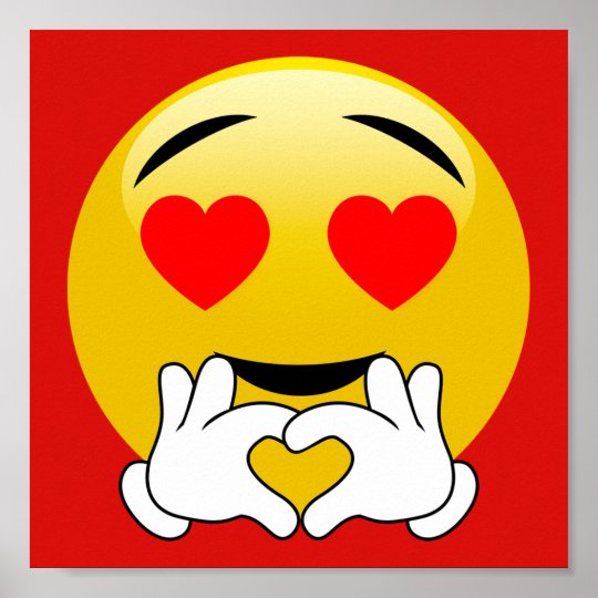 O coração Emoji com amor entrega o poster vermelho 