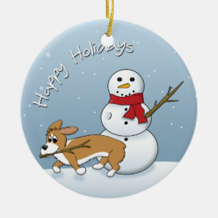 O Corgi rouba enfeites de natal do braço do bonec