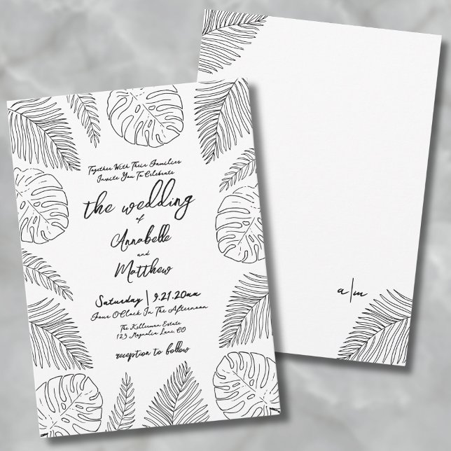 O Desenho Da Mão Deixa O Convite De Casamento Trop (Hand Drawn Leaves Tropical Wedding Invitation)