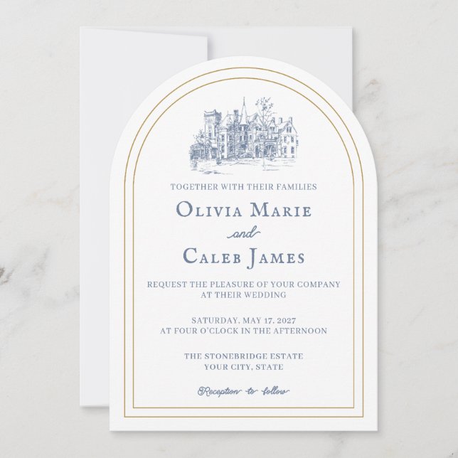 O Espólito: Convite de Casamento Azul e Branco (Frente)