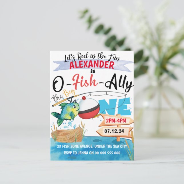 O-Fish-Almente Um Convite de Aniversário de 1º Ano (Em pé/Frente)