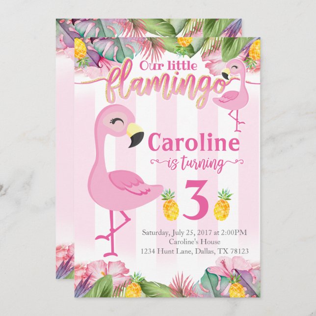 O flamingo do convite de aniversário do flamingo (Frente/Verso)