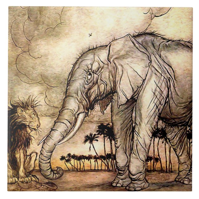 "O Leão e o Elefante" por Arthur Rackham (Frente)
