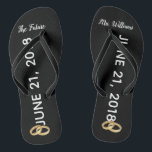 O nome feito sob encomenda futuro dos chinelos |<br><div class="desc">Estes chinelos nupciais preto e branco podem ser personalizados com o sobrenome novo da noiva. Os chinelos do casamento dizem "a Sra. futura" e têm um lugar para incorporar a data do casamento do casal. Cada calçados igualmente representaram duas alianças de casamento do ouro. Os chinelos nupciais fazem uma adição...</div>