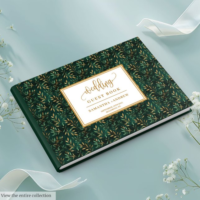 O ouro verde-merald deixa livro de convidados de c (Emerald green gold leaves wedding guest book

)