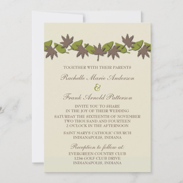 O outono deixa Convite de casamento de fronteira,  (Frente)