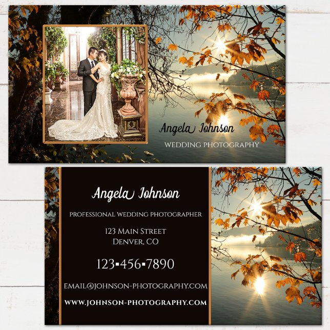 O outono deixa seu Cartão de visita de fotos (Autumn leaves business card featuring your own photo - wedding photographer)