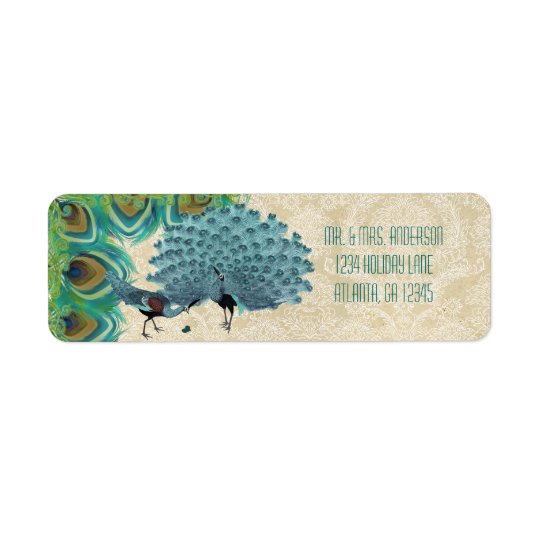 O pavão do vintage empluma-se a etiqueta do etiqueta endereço de retorno