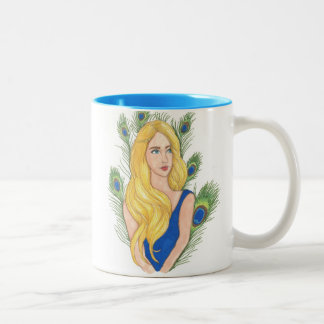 O pavão empluma-se a caneca 11oz (branca/azul)